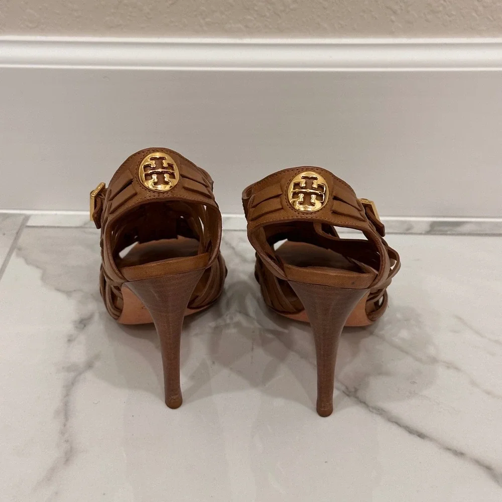 Tory Burch Nadia Brown Woven All Leather Logo 4